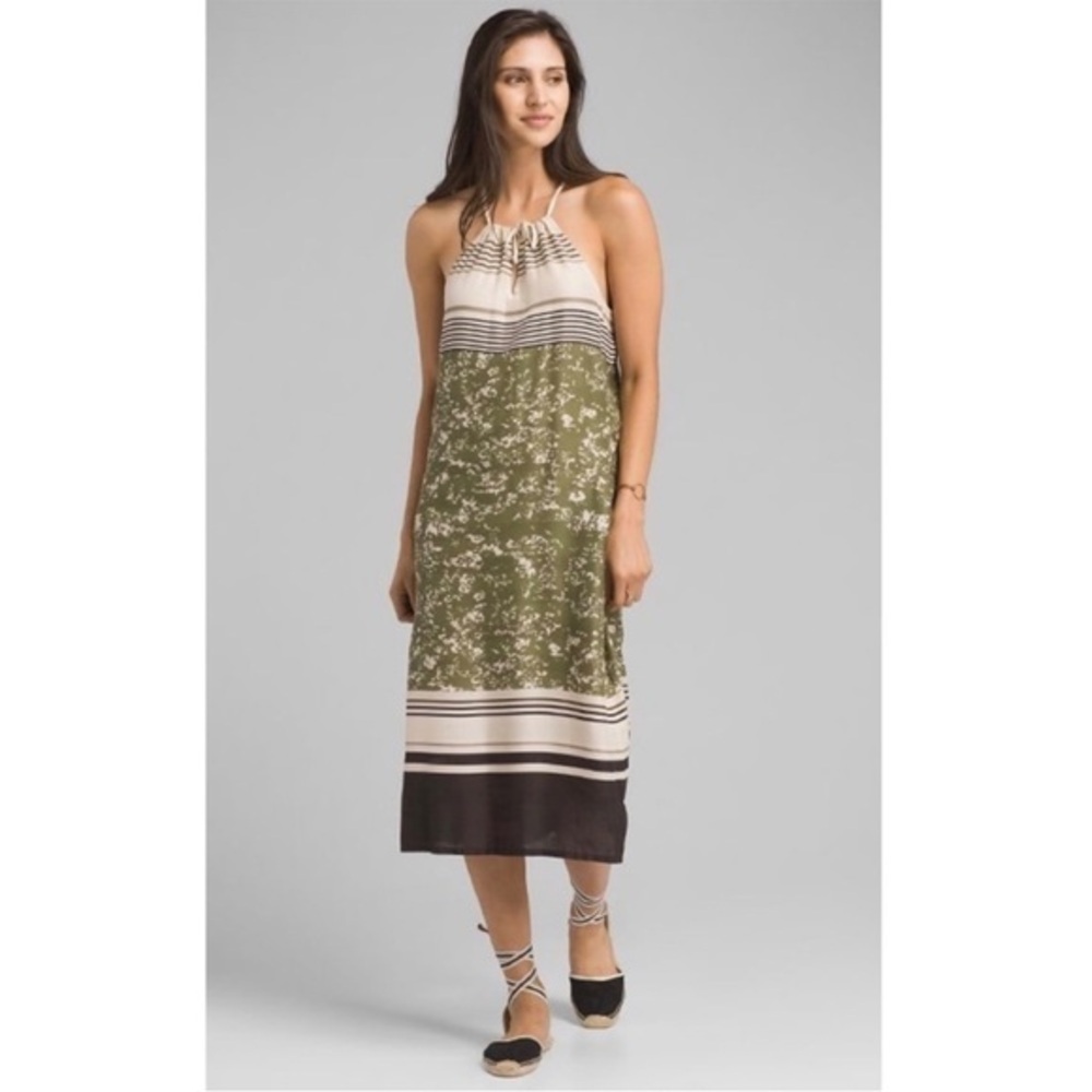 NEW Prana Cream Green Sleeveless Halter Neck Parisol Midi Dress NWOT
